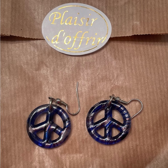 Blue Glass Peace Sign Earrings - Picture 4 of 6